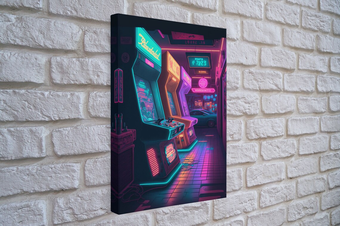 Neon Arcade Synthwave Game Room Art Print