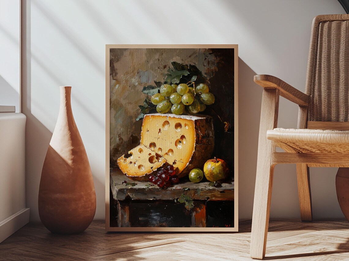 Rustic Cheese and Grapes Still Life Oil Painting Kitchen Wall Poster - Image 6