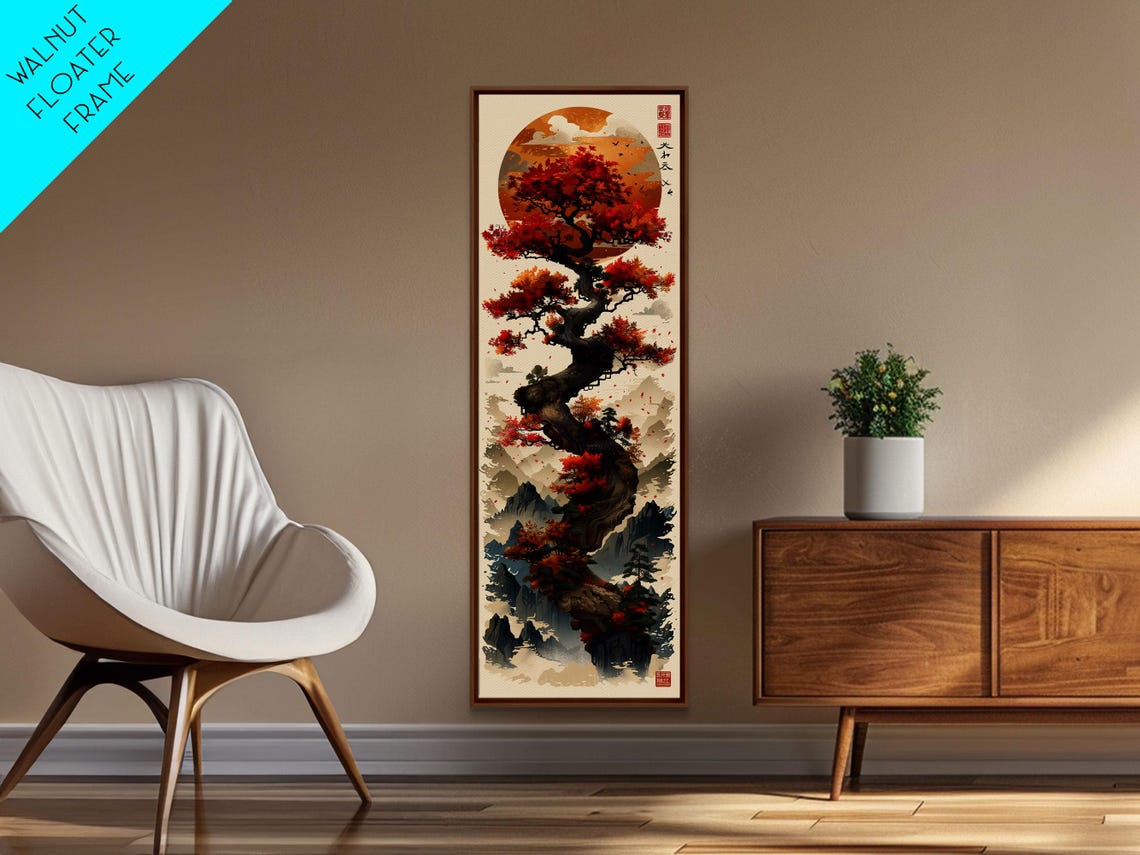 Majestic Bonsai Tree Under Golden Sun Red Leaves Tall Art Print - Image 3