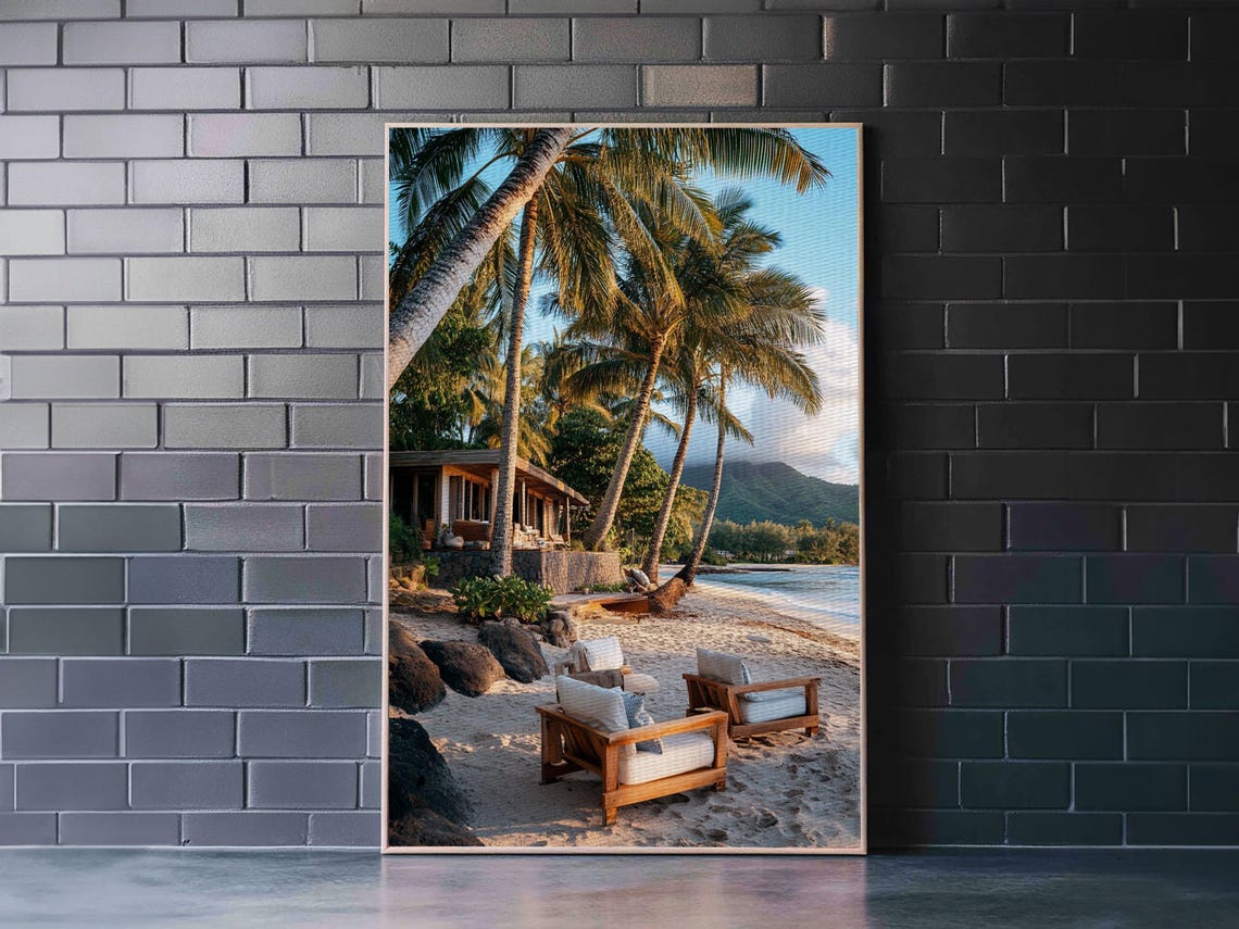 Vibrant Palm Tree Beach Framed Print Coastal Decor Wall Art Hawaiian Landscape Painting Tropical Nautical Wall Art