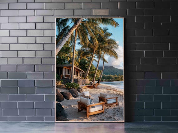 Vibrant Palm Tree Beach Framed Print Coastal Decor Wall Art Hawaiian Landscape Painting Tropical Nautical Wall Art