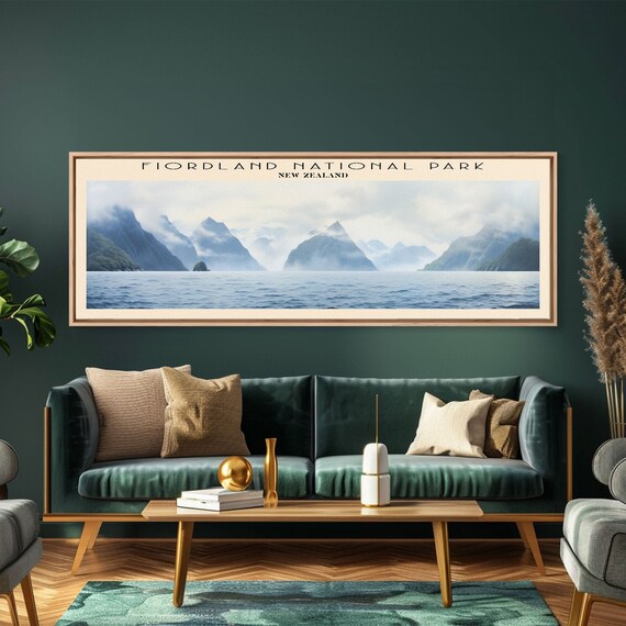 Fiordland New Zealand Misty Fjord Mountain Reflections Panoramic Travel Poster