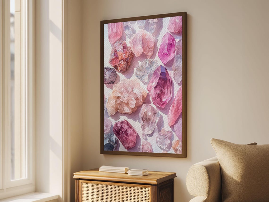 Pink Amethyst Crystal Gemstones Watercolor Art Print Boho Wall Poster - Image 3
