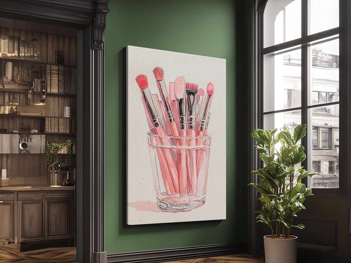 Pink Makeup Brushes in Glass Cup Watercolor Print Vanity Decor Poster - Image 5
