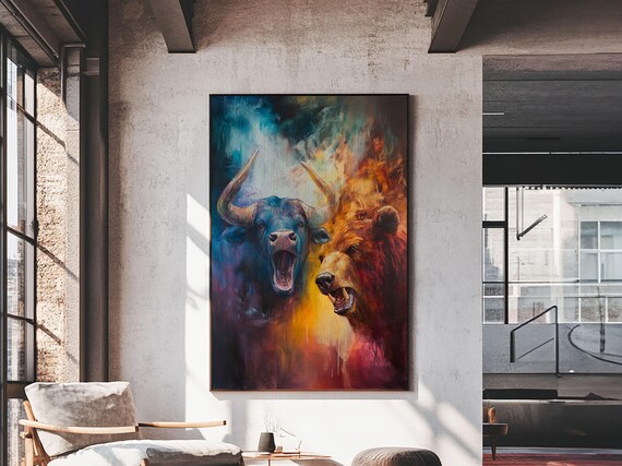 Bull And Bear Duel Framed Print Vibrant Moody Art Rustic Wall Art Unique Gift Idea Living Room Decor Animal Art Theme