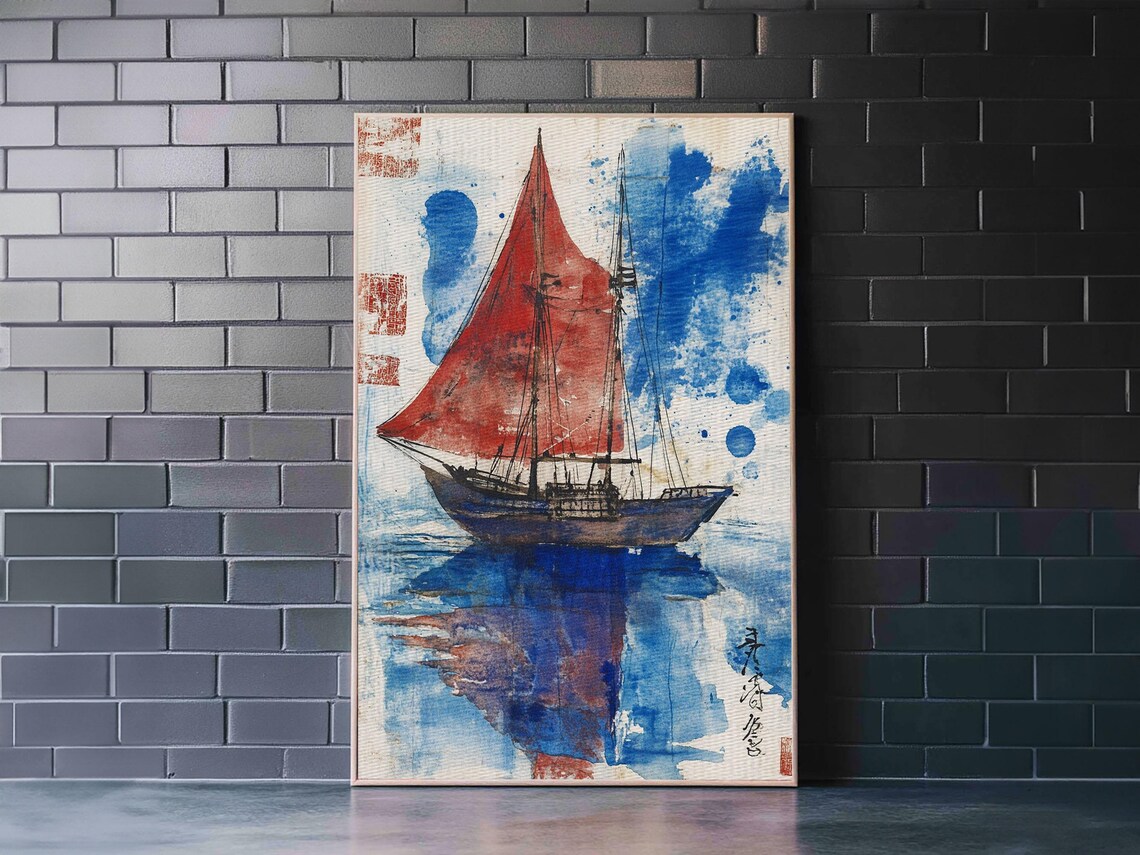 Japanese Sailboat With Red Sails Blue Watercolor Nautical Art Poster