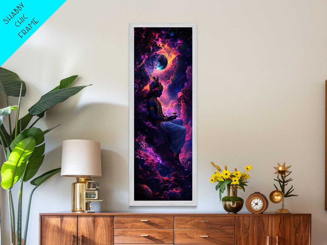 Lord Krishna Cosmic Nebula Moon Spiritual Yoga Meditation Poster - Image 2