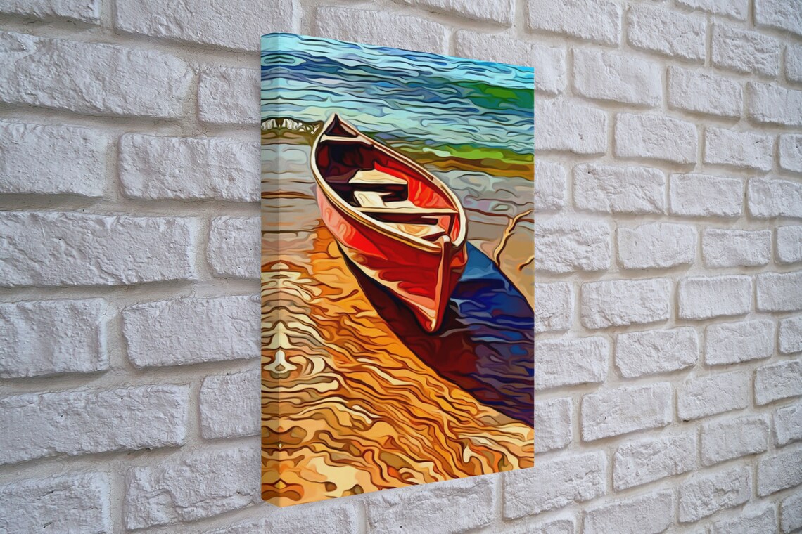 Abandoned Canoe On The Lake, Boho Oil Painting Art Print - Image 2