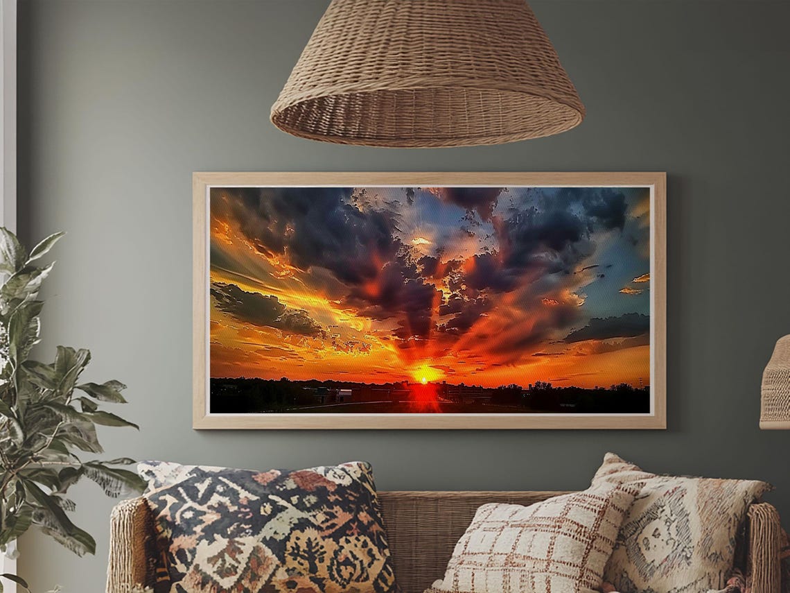 Fiery Orange Sunset Over Small Town Horizon Dramatic Sky Poster - Image 5
