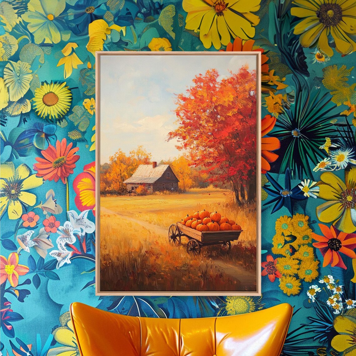 Pumpkin Cart In Golden Fall Field Rustic Barn Harvest Poster - Image 2