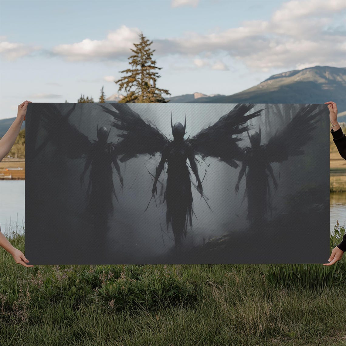 Dark Fallen Angels With Black Wings In Fog Gothic Charcoal Poster