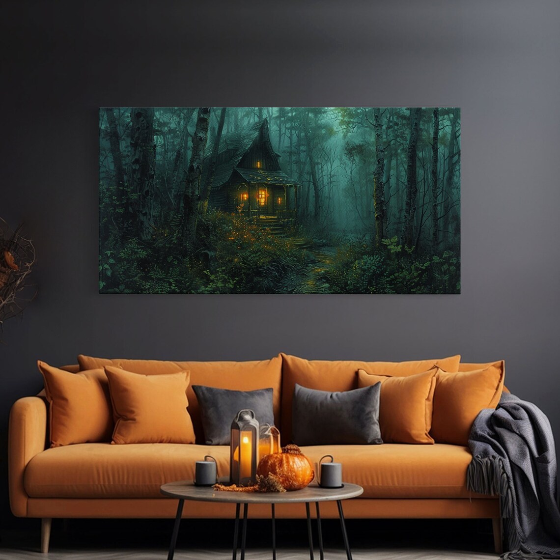 Haunted Cabin Misty Teal Forest Glowing Windows Night Spooky Halloween Print - Image 3