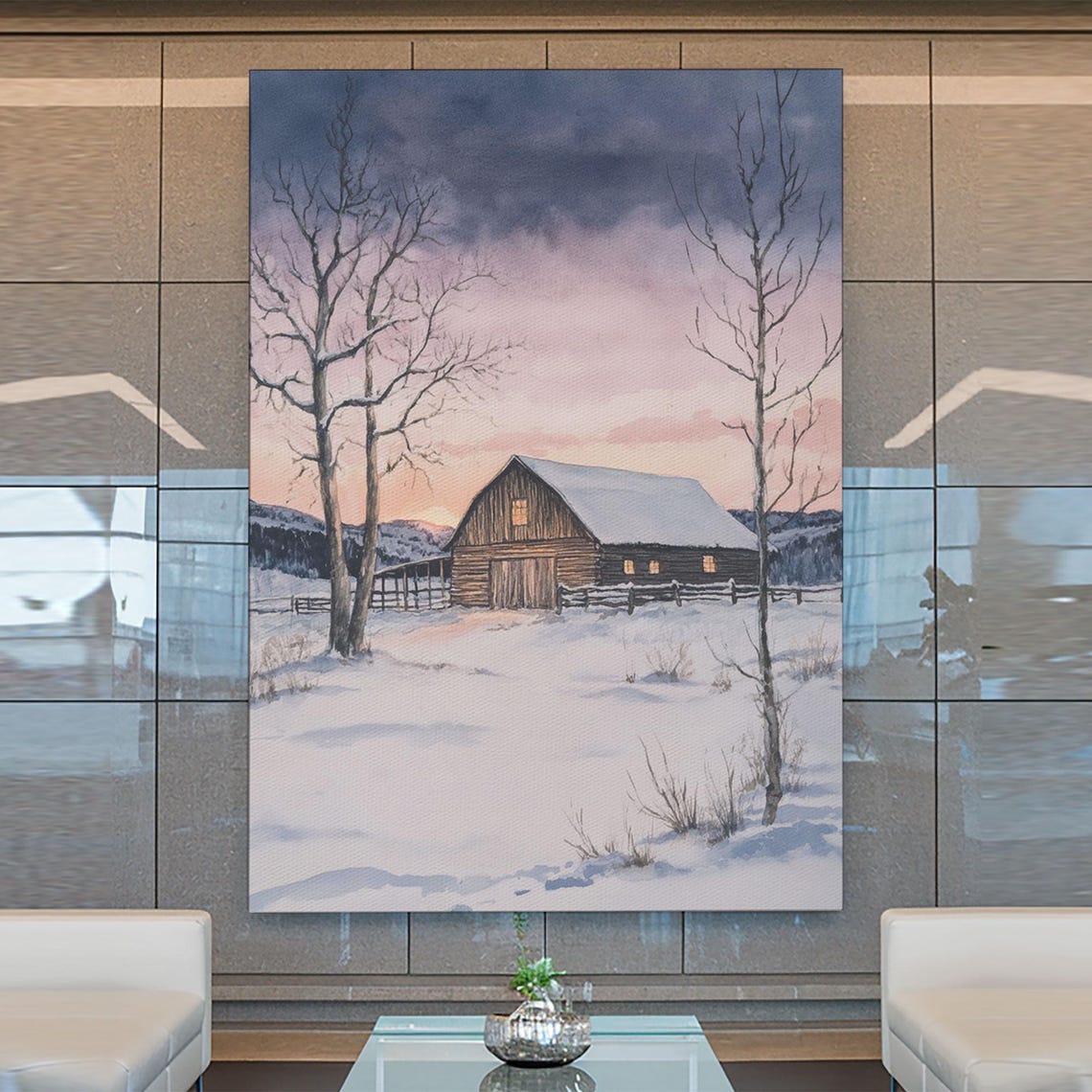 Rustic Wooden Barn In Winter Snow At Dusk Farm Landscape Poster - Image 3