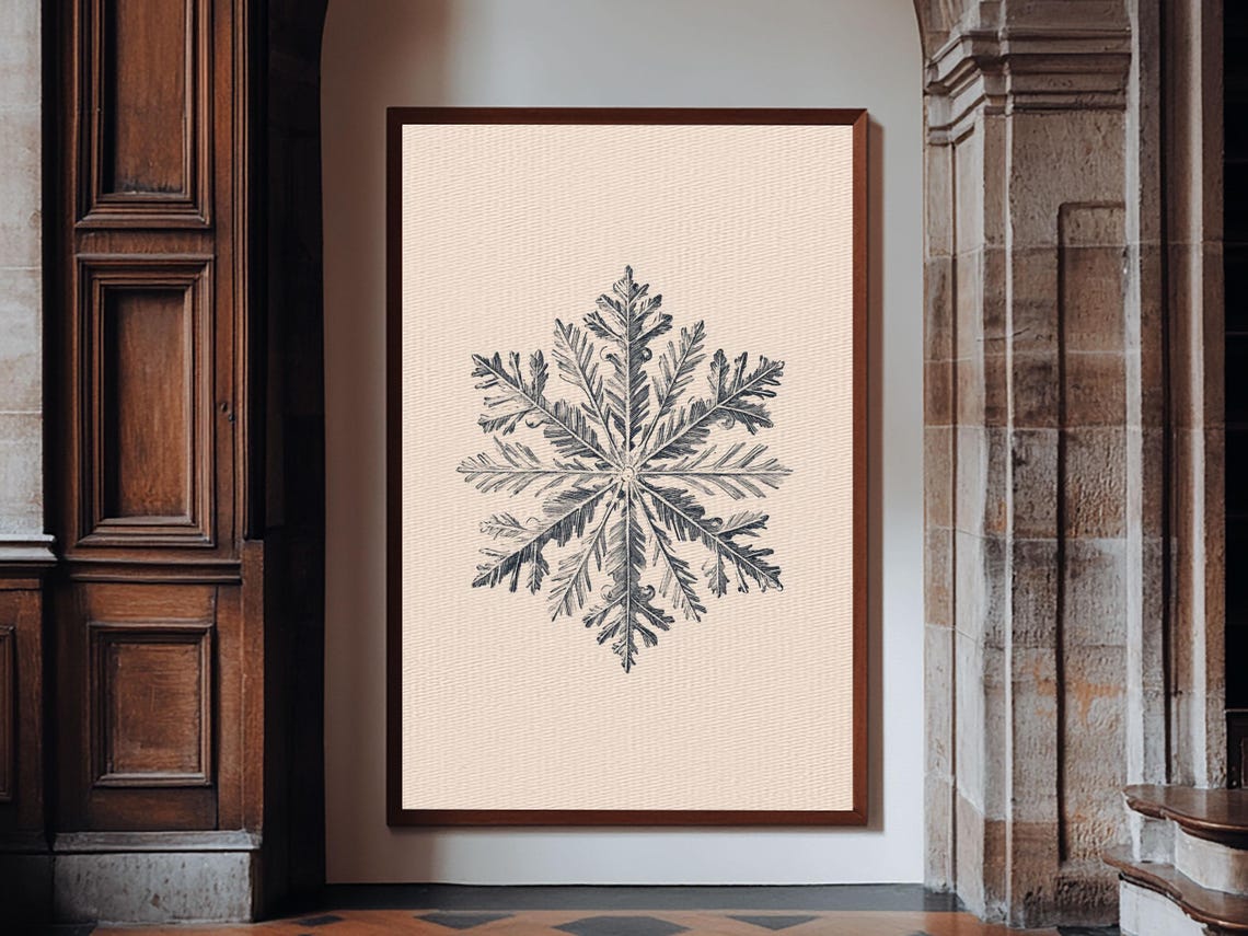 Intricate Snowflake Botanical Engraving Monochrome Winter Art Poster - Image 2