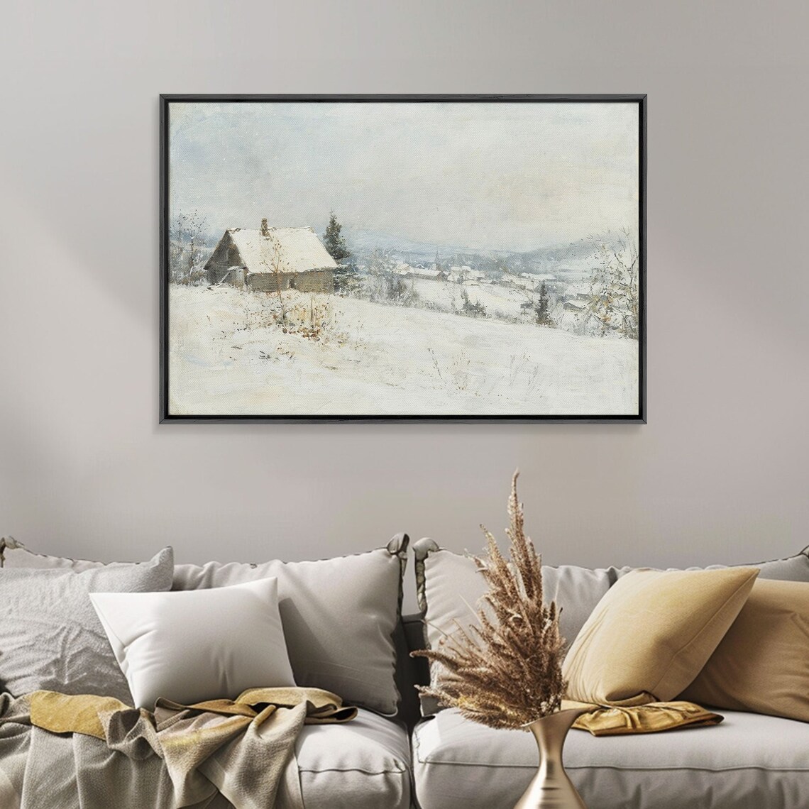 Snowy Winter Cabin Watercolor Snow Village Peaceful Hills Art Poster - Image 3