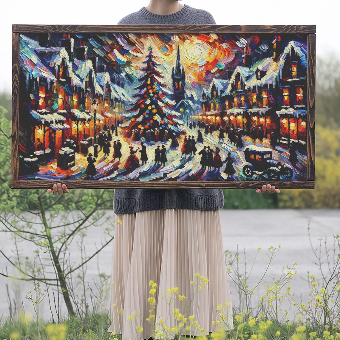 Impasto Christmas Street Crowd With Tree And Church Holiday Wall Art - Image 2