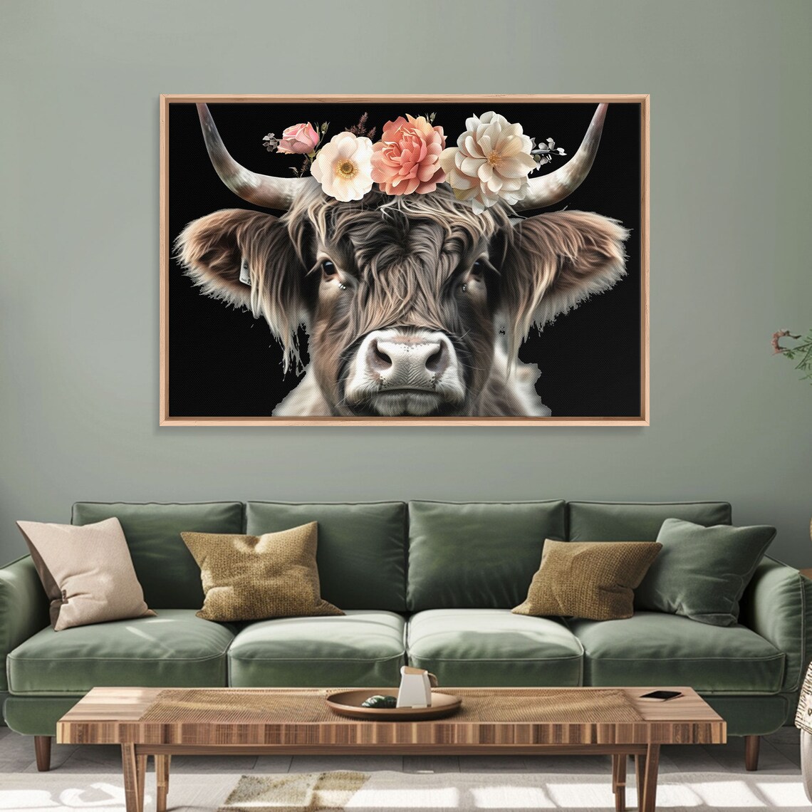 Highland Cow Flower Crown Portrait Charming Farm Animal Art Print - Image 3