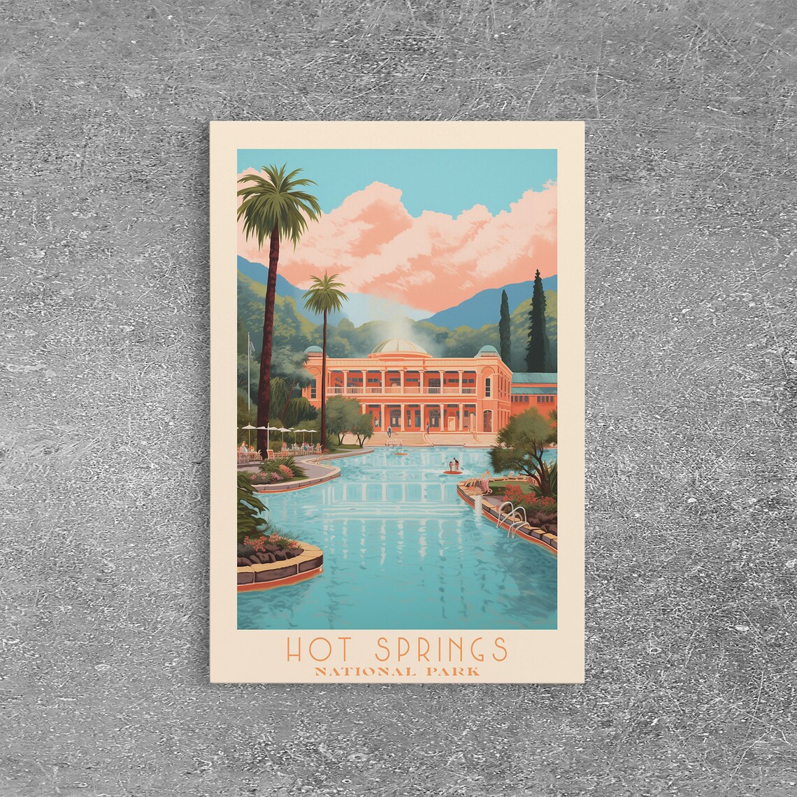 Hot Springs National Park Bathhouse Pool Palm Trees Arkansas Travel Poster