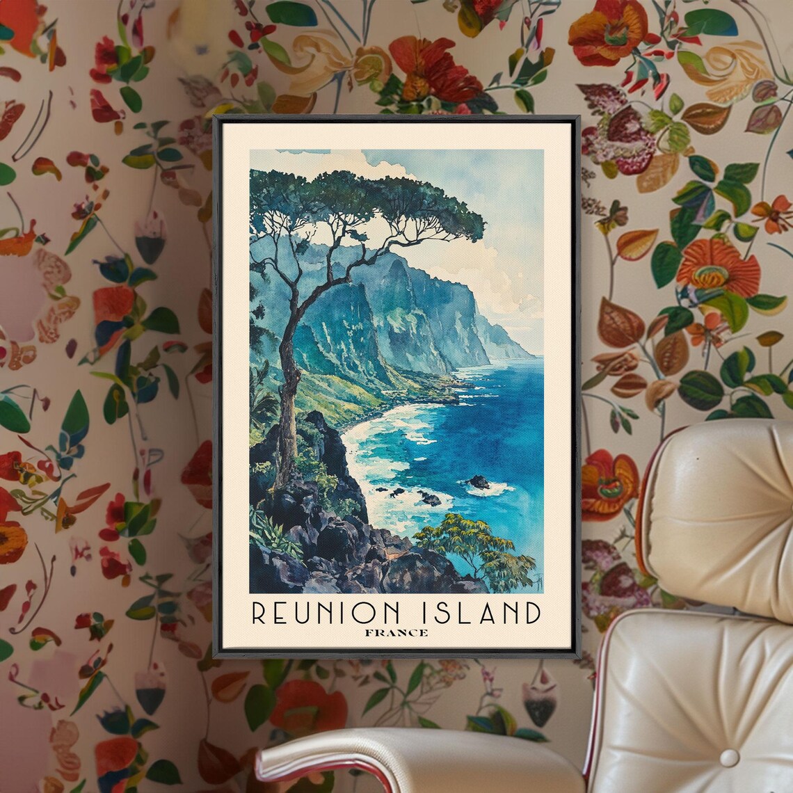 Reunion Island France Volcanic Cliff Coast Lone Tree Watercolor Poster
