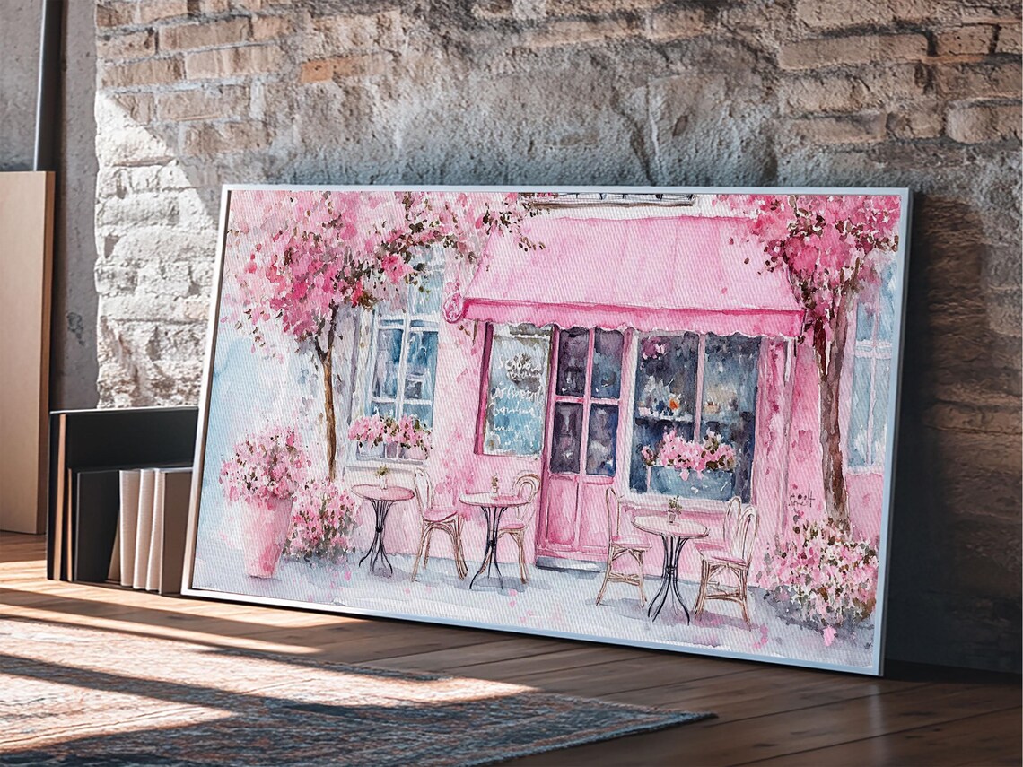 Pink Parisian Cafe Cherry Blossom Watercolor Bistro Street Art Poster - Image 5