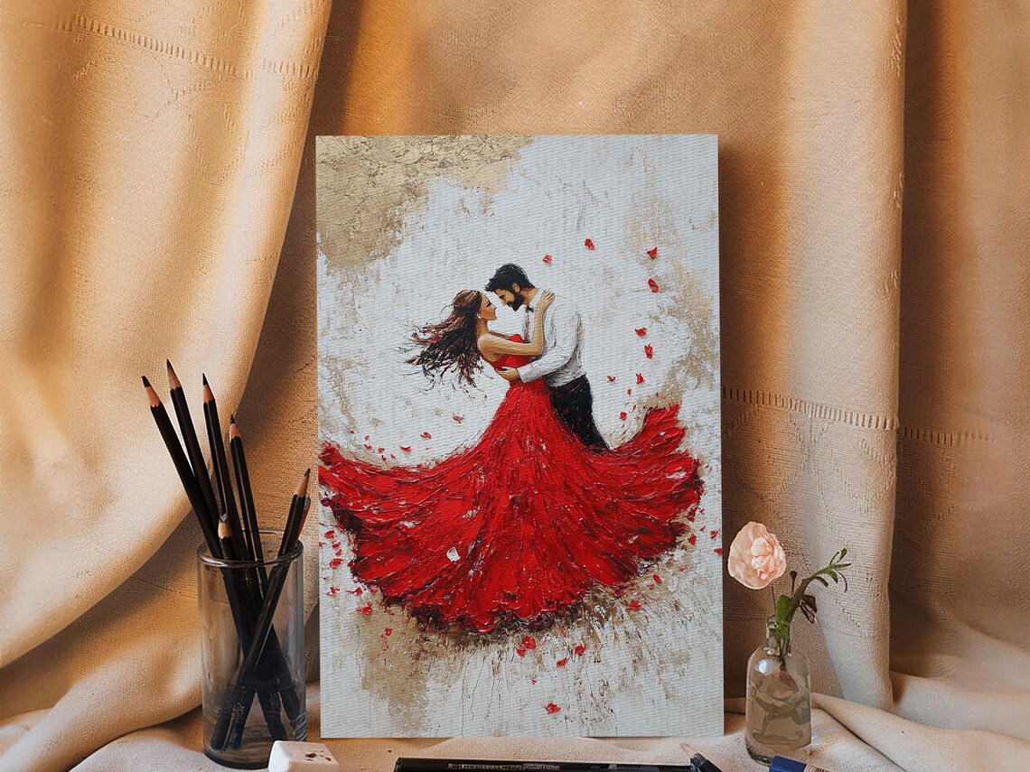 Couple Dancing In Flowing Red Dress Romantic Embrace Painting Poster - Image 2
