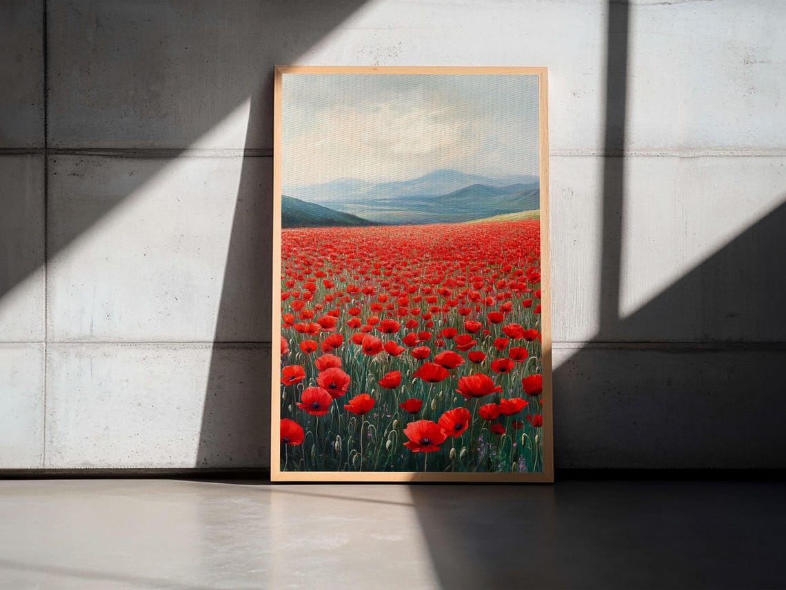 Red Poppy Field Blue Mountains Vast Bloom Rustic Landscape Art Poster