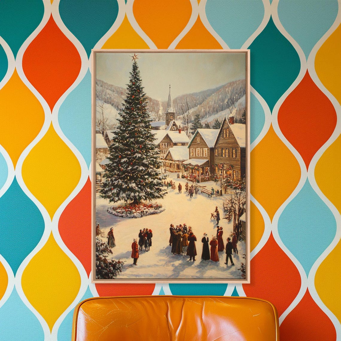 Victorian Christmas Village Snowy Tree And Church Square Poster - Image 3
