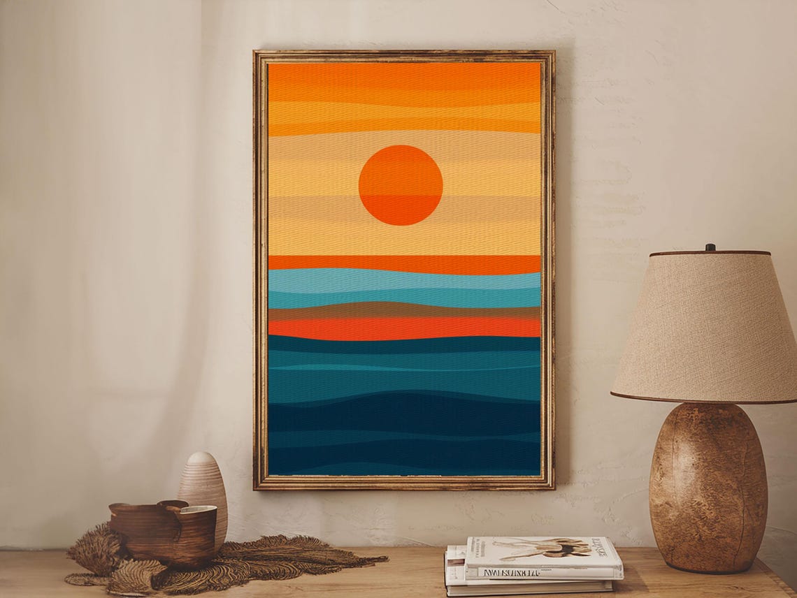 Minimalist Retro Sunset Over Ocean Waves Orange Teal Art Poster - Image 6