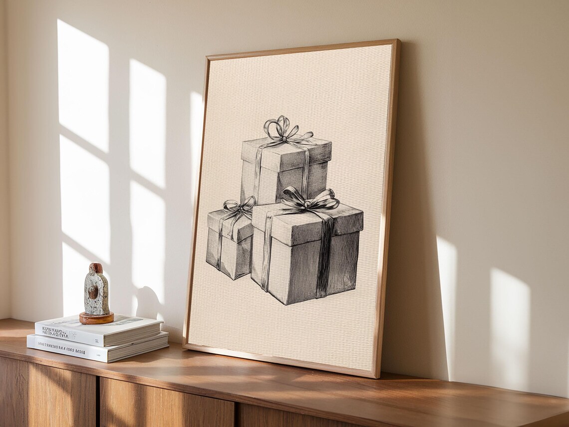 Stacked Christmas Gift Boxes Pencil Sketch Minimalist Holiday Poster - Image 5
