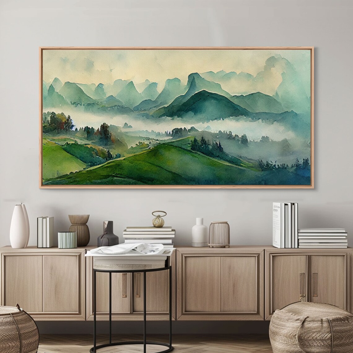 Foggy Mountain Valley Watercolor Panoramic Art Print