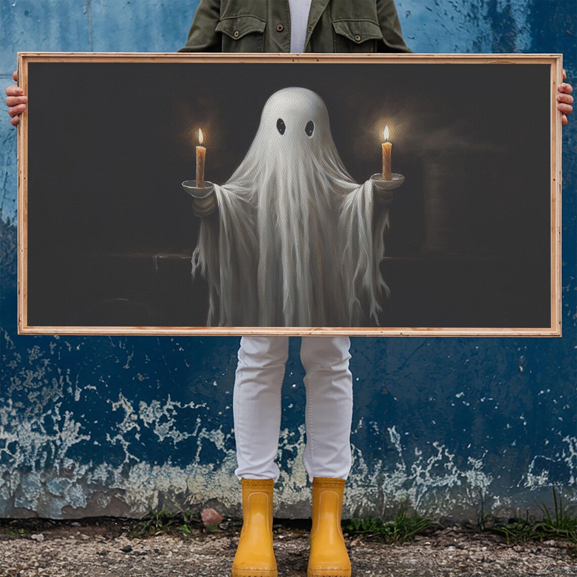 Cute Ghost Holding Candles Dark Background Vintage Oil Painting Poster - Image 6