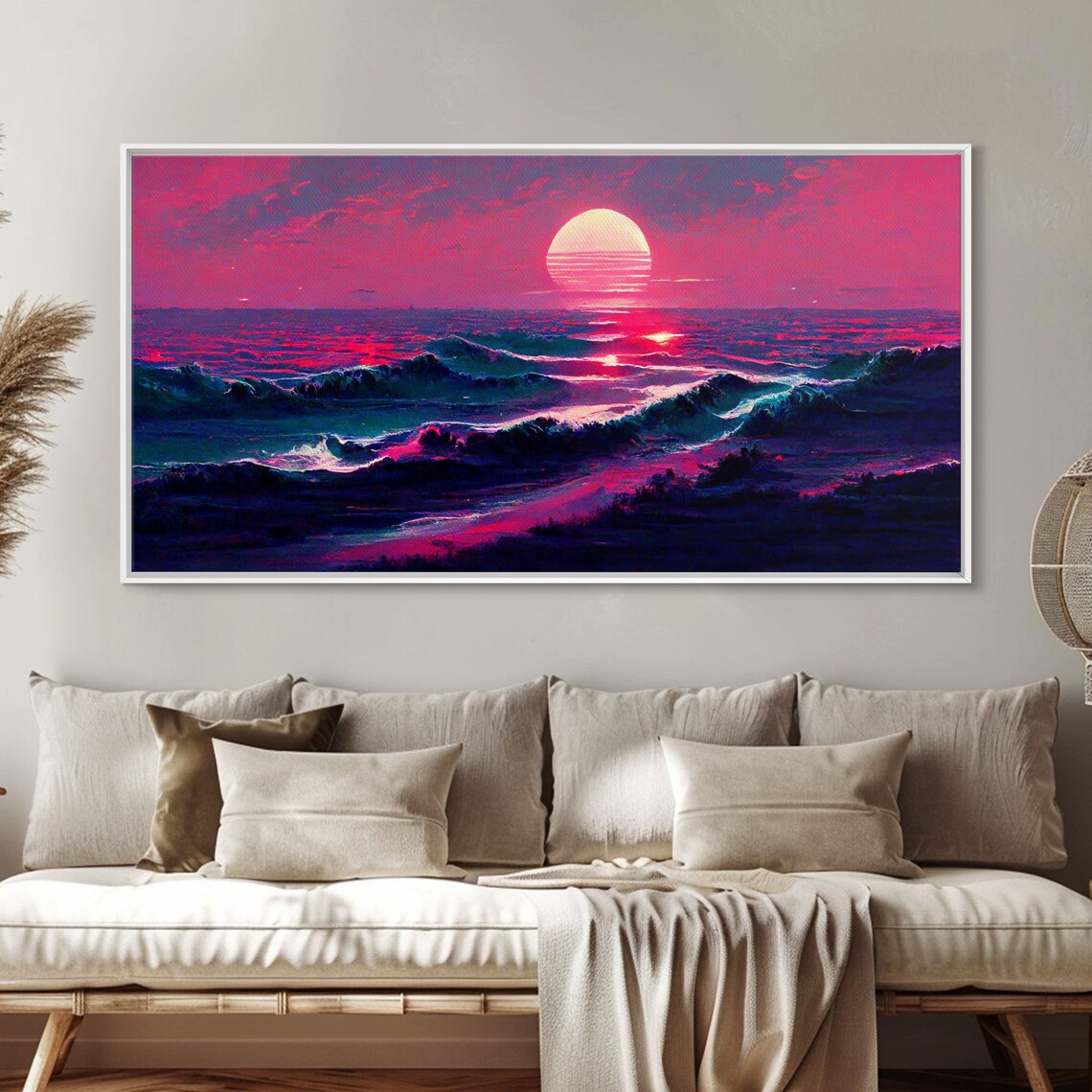 Synth Wave Ocean Sunset, Outrun Style Art Print