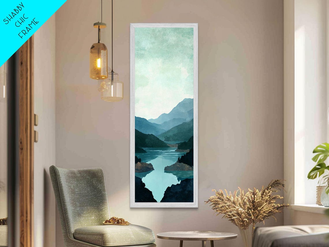 Misty Blue Mountains Tranquil River Minimalist Nature Wall Poster - Image 2