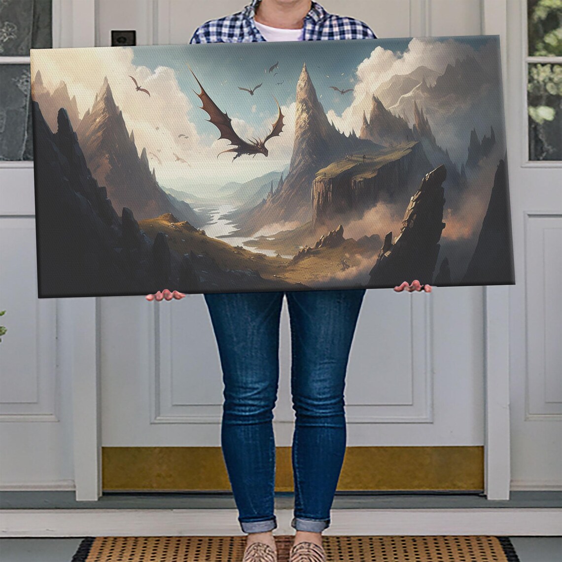 Dragons Flying Over Mountain Valley Epic Medieval Fantasy Landscape Poster - Image 4