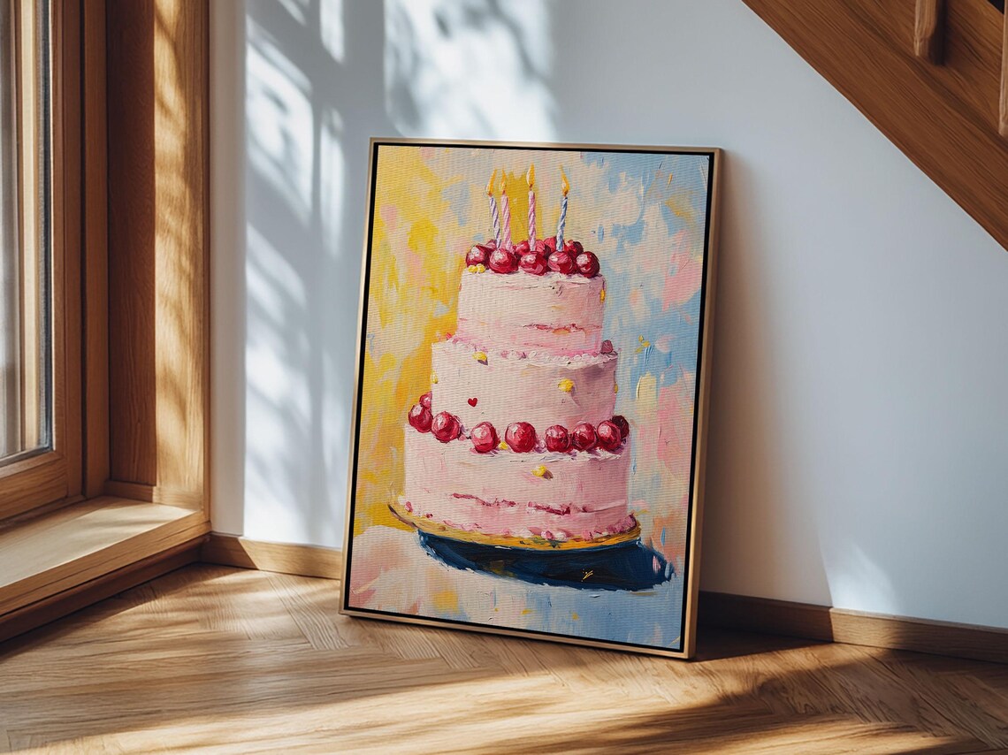 Cherry Birthday Cake With Lit Candles Colorful Oil Painting Poster - Image 4