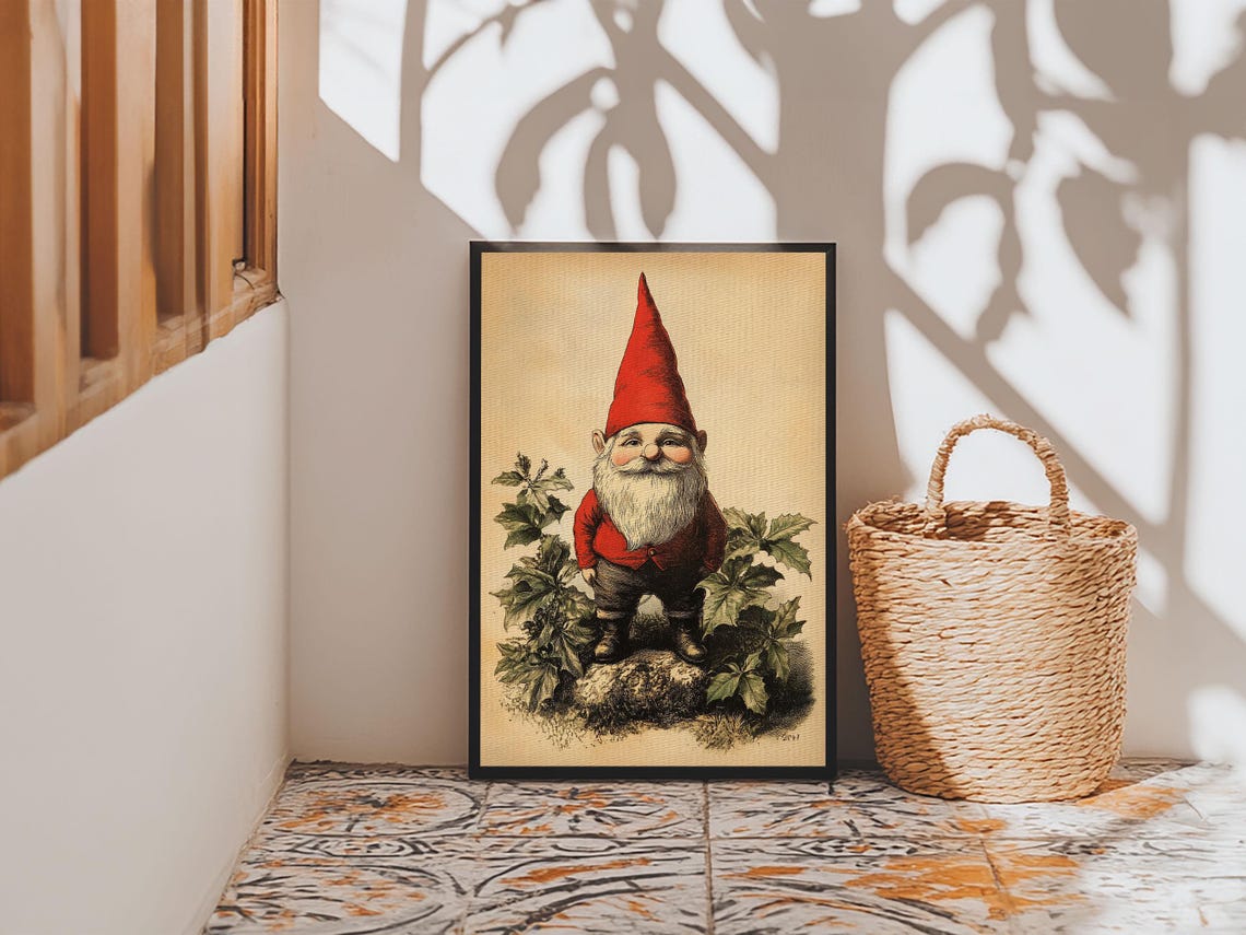Vintage Garden Gnome Red Hat Botanical Illustration Wall Art Poster - Image 6