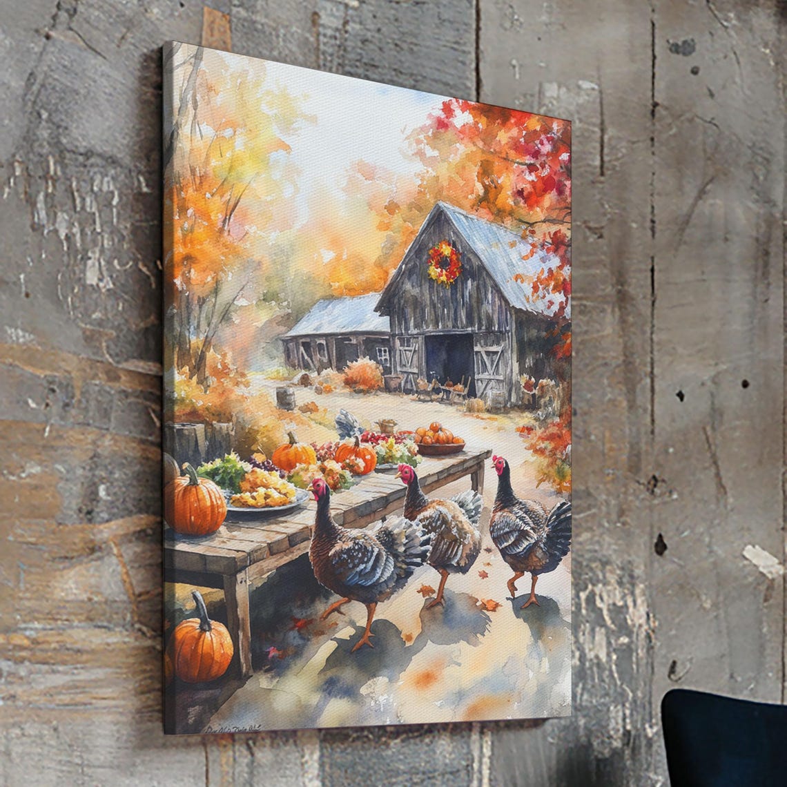 Fall Barn Harvest Table Turkeys Pumpkin Autumn Watercolor Wall Art - Image 4