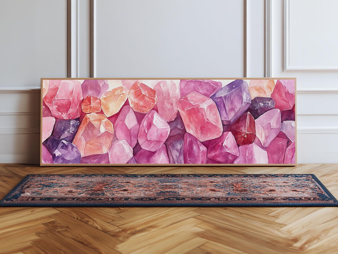 Pink Crystal Gemstones Watercolor Painting Wide Panoramic Canvas Art Poster - Image 4