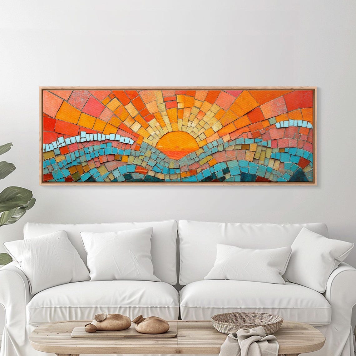 Sunset Mosaic Tiles Orange Sun Turquoise Waves Panoramic Poster - Image 4