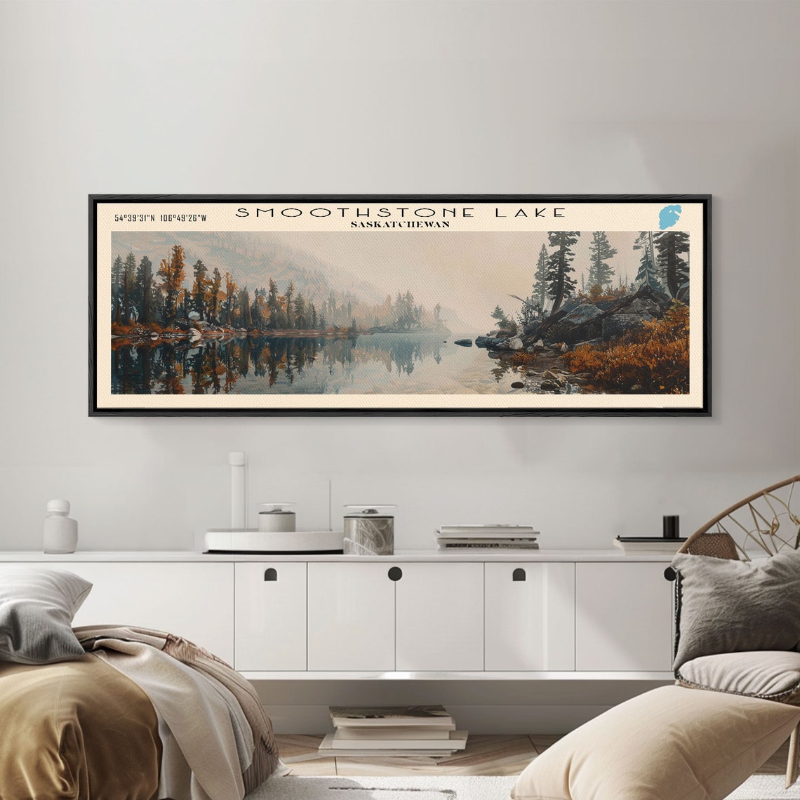 Smoothstone Lake Saskatchewan Misty Autumn Reflection Travel Poster - Image 4