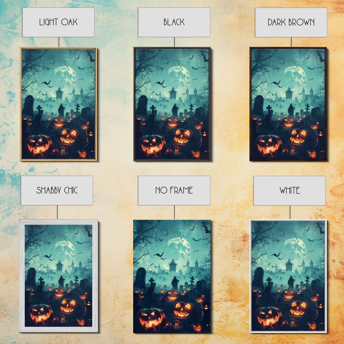 Bats And Jack O Lanterns Foggy Graveyard Full Moon Art Poster - Image 2