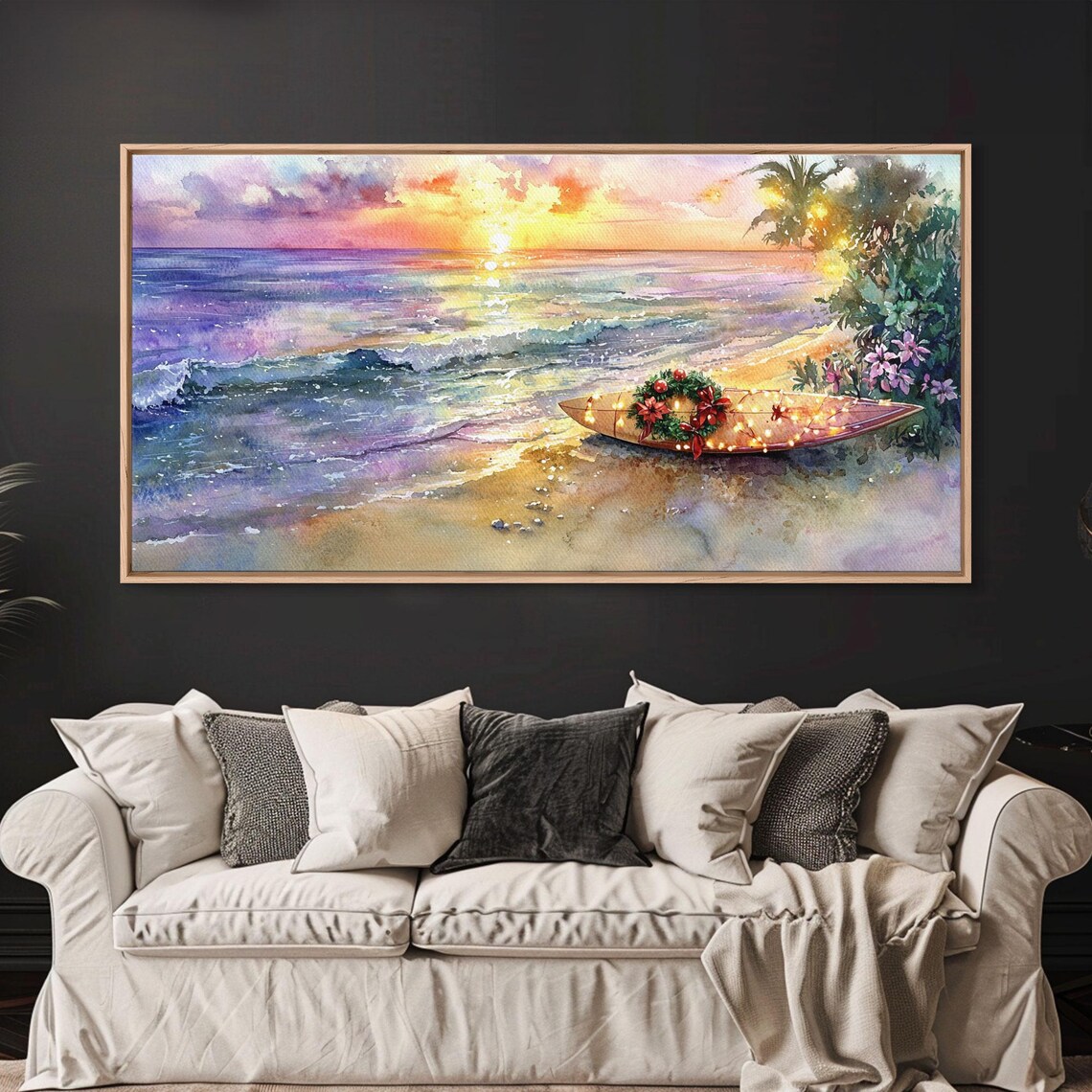 Christmas Surfboard Beach Sunset Wreath Lights Tropical Holiday Poster - Image 5