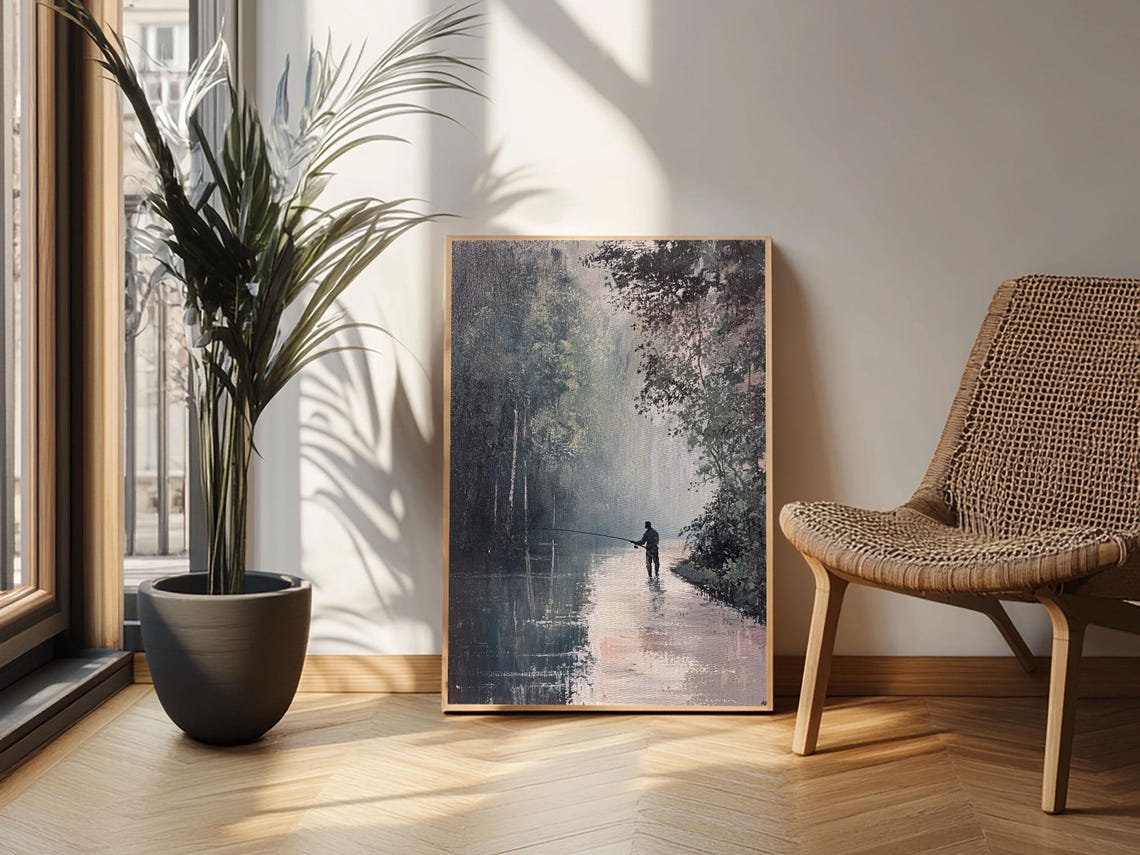 Fly Fisherman Silhouette On Misty Forest River Painting Wall Art - Image 2