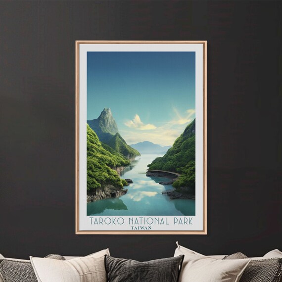 Taroko National Park Taiwan Marble Gorge River Green Peaks Travel Poster