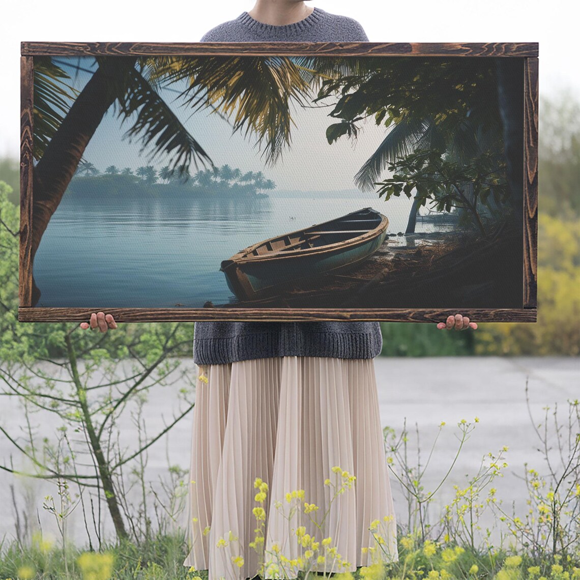 Old Wooden Canoe Misty Tropical Lake Shore Dawn Serene Travel Poster - Image 2