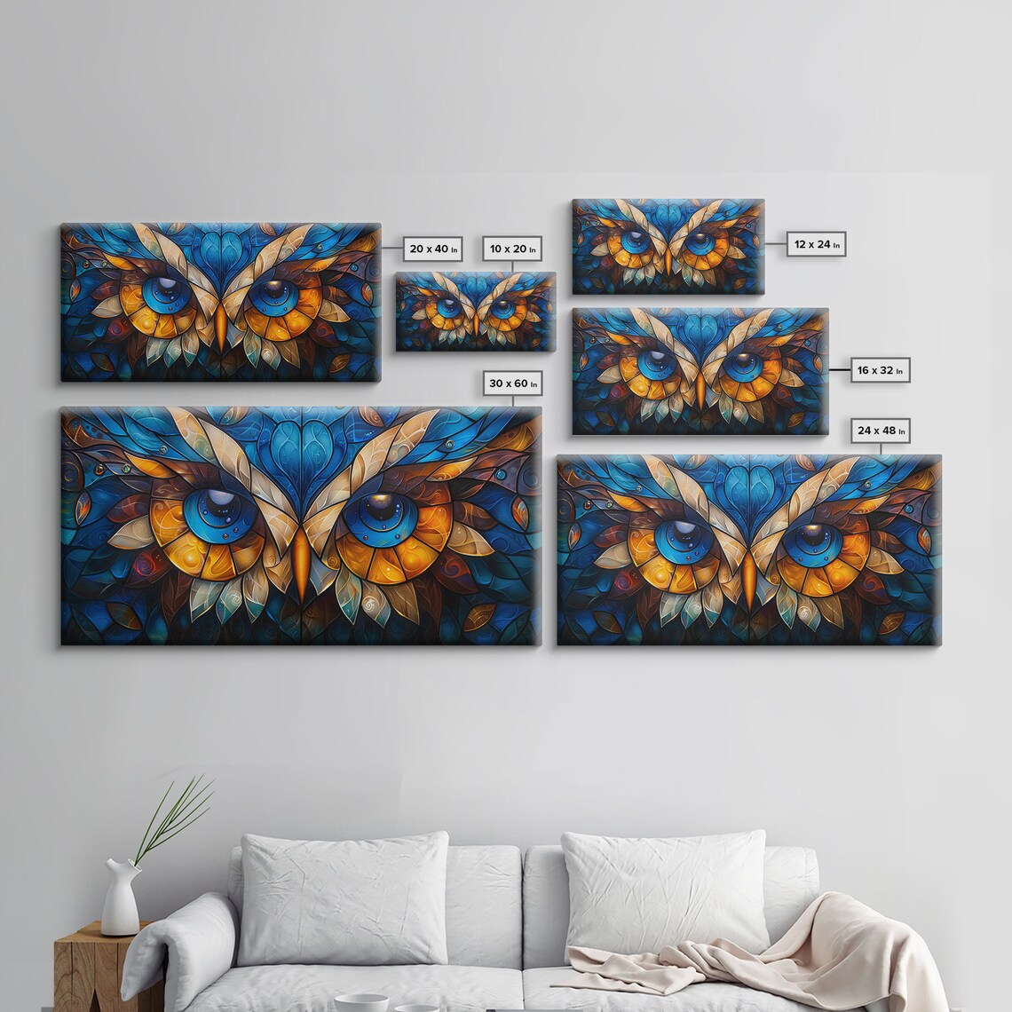 Stained Glass Owl Eyes Close Up Blue Gold Mosaic Face Art Poster - Image 2
