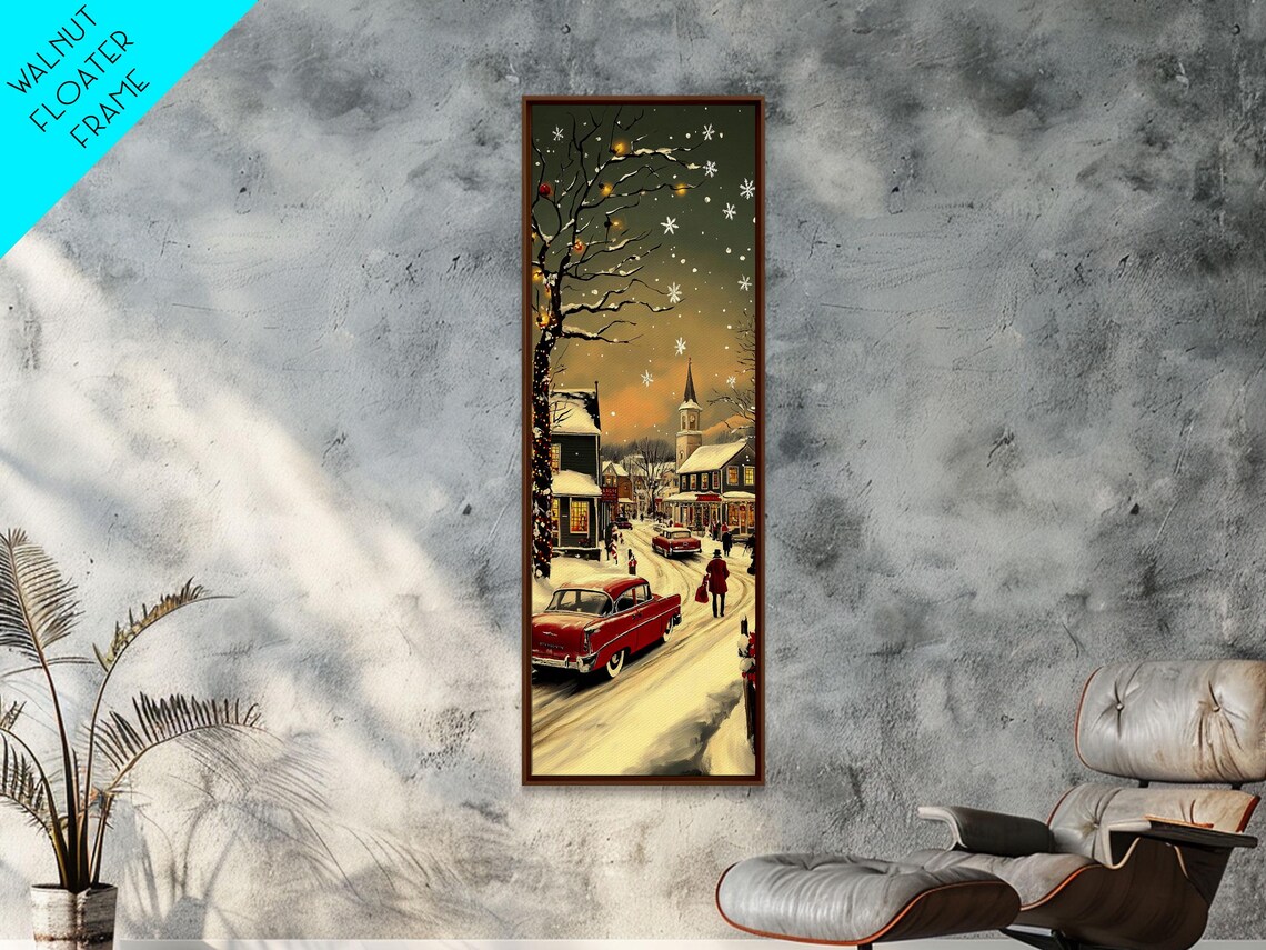 Snowy Village At Night With Classic Red Car And Church Steeple Poster - Image 3