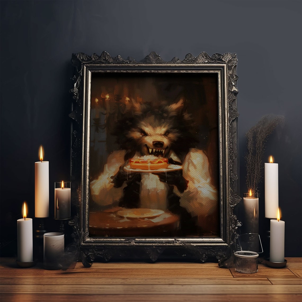Werewolf Eating Hotdogs Candlelit Table Funny Halloween Art Poster - Image 5