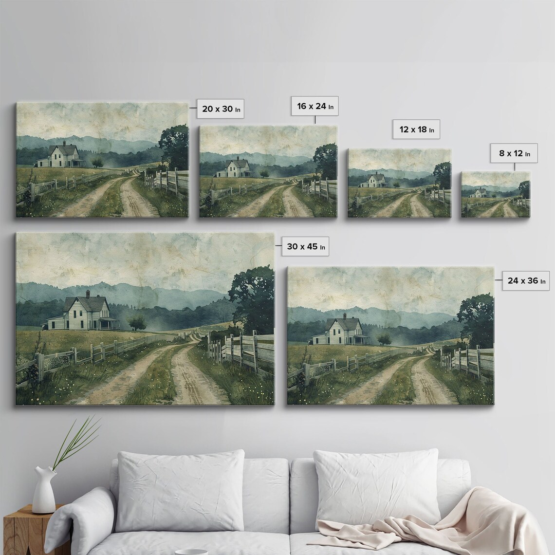 Country Road to White Farmhouse Watercolor Fences Misty Hills Poster - Image 2