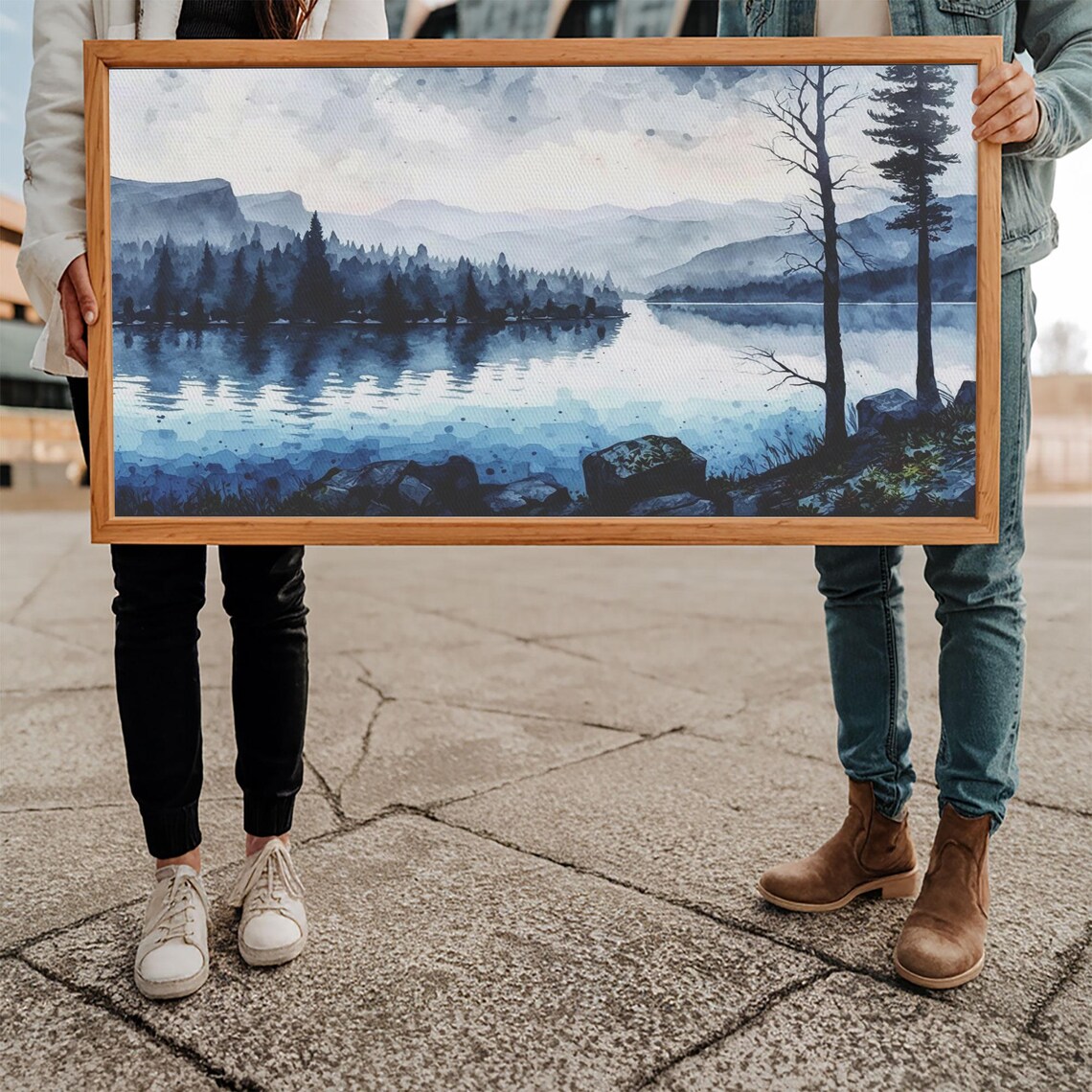 Blue Lagoon Watercolor Lake Misty Pine Mountains Calm Nature Poster - Image 5